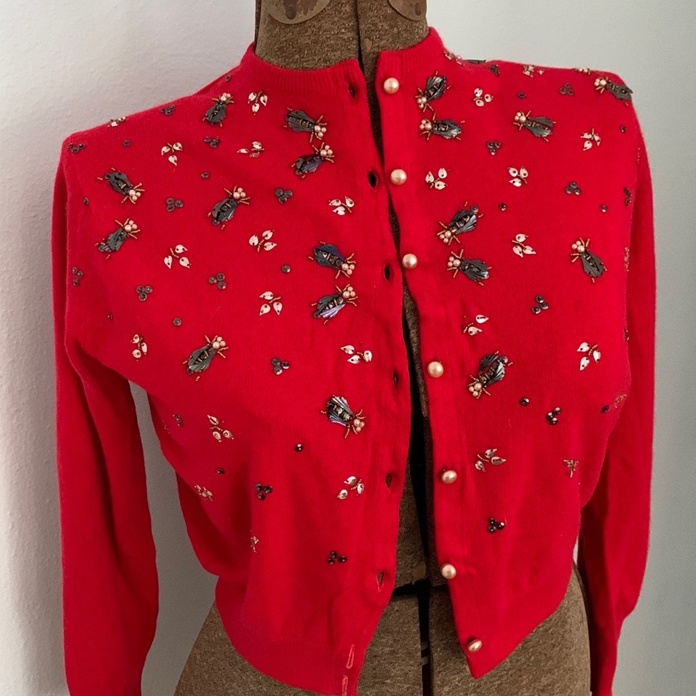 Vintage Red Cashmere Sweater with Embroidered Bug Motif